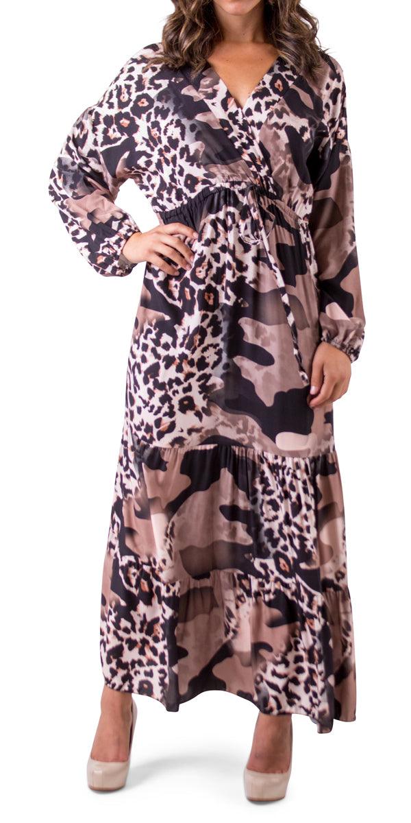 Safari Print Maxi Dress - Gigi Moda - Made in Italy # animal print, balloon sleeve, Camo, Camo print, Dress, Gigi Moda, Leopard Print, Made in Italy, Maxi Dress, ruffle dress, tie at waist