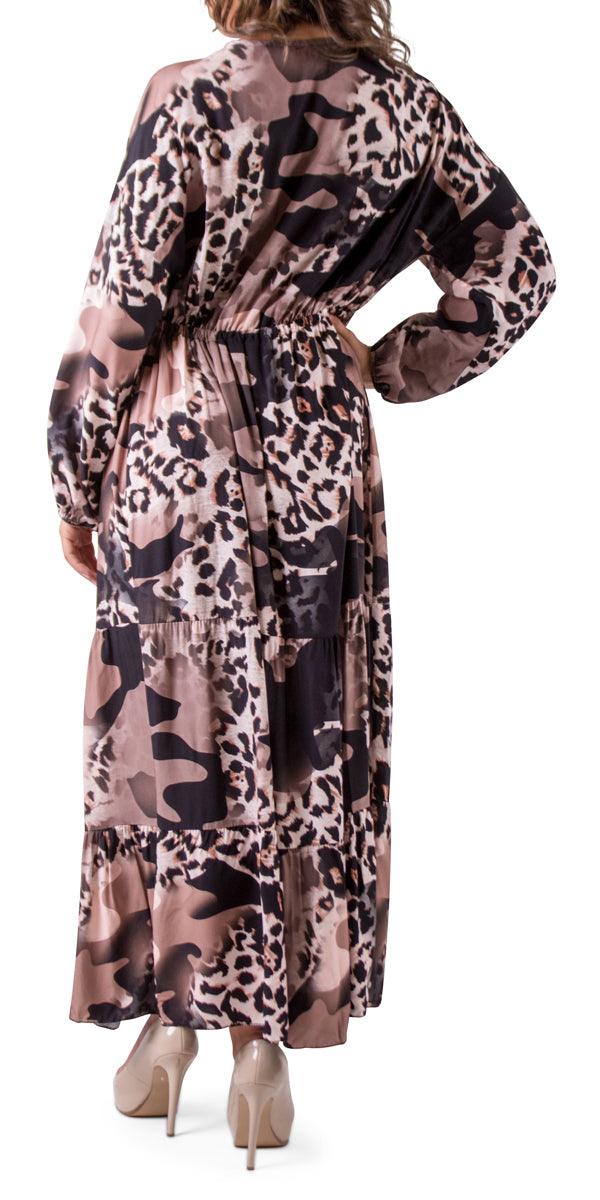 Safari Print Maxi Dress - Gigi Moda - Made in Italy # animal print, balloon sleeve, Camo, Camo print, Dress, Gigi Moda, Leopard Print, Made in Italy, Maxi Dress, ruffle dress, tie at waist