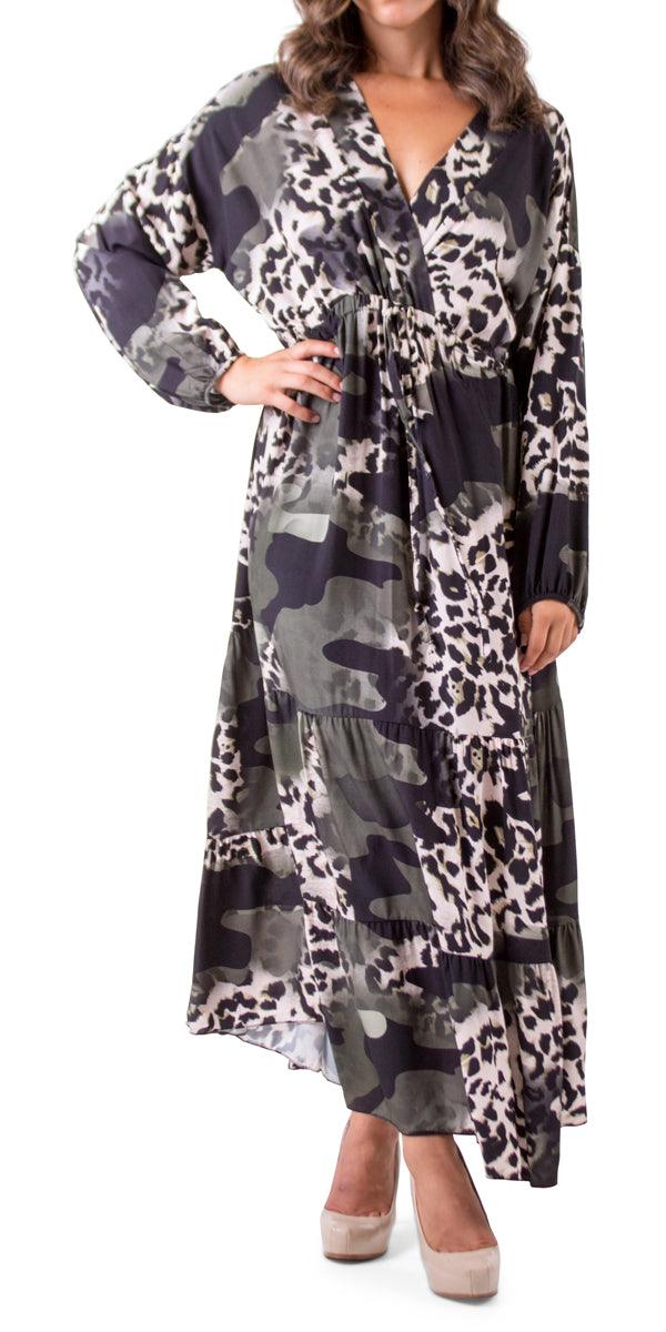 Safari Print Maxi Dress - Gigi Moda - Made in Italy # animal print, balloon sleeve, Camo, Camo print, Dress, Gigi Moda, Leopard Print, Made in Italy, Maxi Dress, ruffle dress, tie at waist