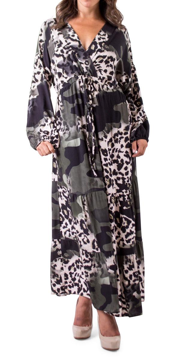 Safari Print Maxi Dress - Gigi Moda - Made in Italy # animal print, balloon sleeve, Camo, Camo print, Dress, Gigi Moda, Leopard Print, Made in Italy, Maxi Dress, ruffle dress, tie at waist