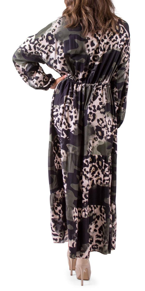 Safari Print Maxi Dress - Gigi Moda - Made in Italy # animal print, balloon sleeve, Camo, Camo print, Dress, Gigi Moda, Leopard Print, Made in Italy, Maxi Dress, ruffle dress, tie at waist