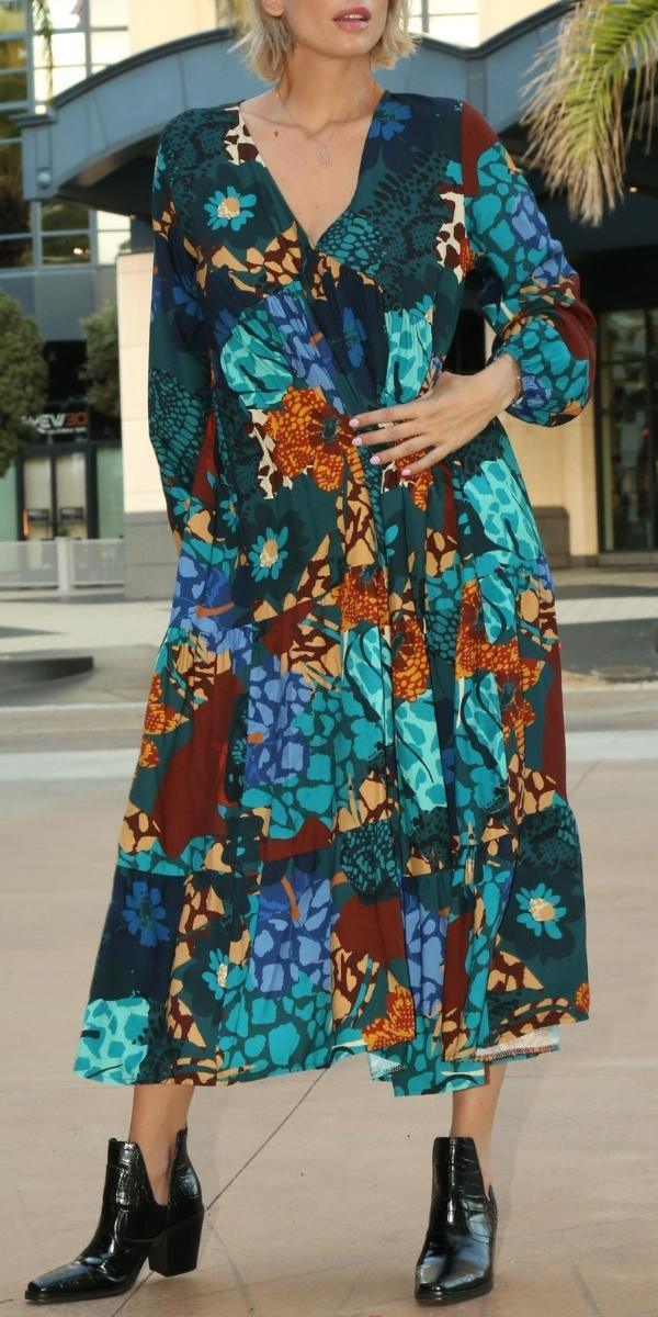 Carina Maxi Dress - Gigi Moda - Made in Italy # Bell sleeve, dress, flower print, Gigi Moda, Made in Italy, Maxi, Maxi Dress, maxi length, Sleeves, tiered ruffle, V Neck
